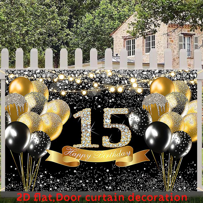 1 piece of 2D flat banner, 15th birthday background, black and gold birthday party decoration, glittering balloon background