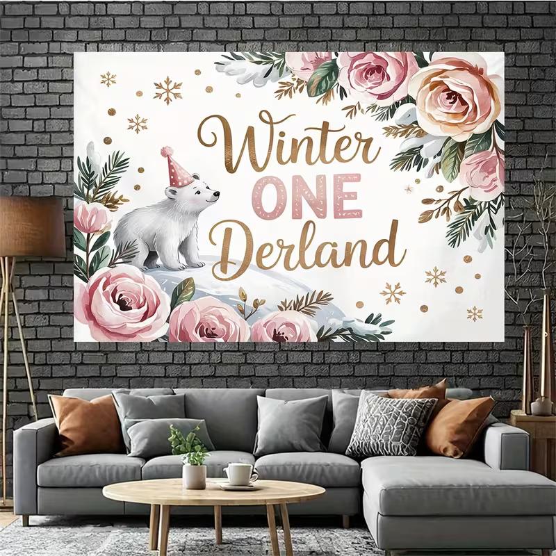 Winter Onederland Tapestry, Polar Bear Floral Background Cloth, 1st Birthday Decor