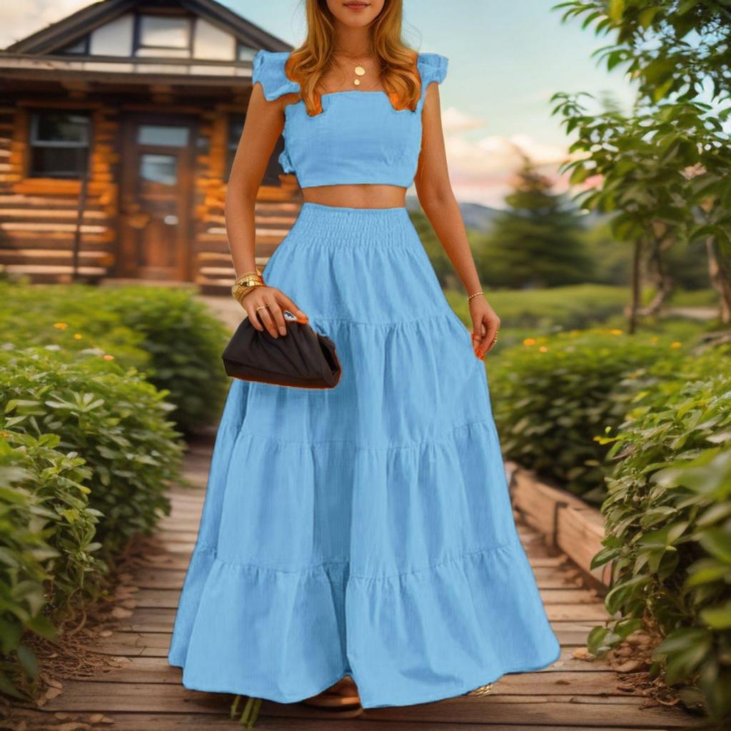 2025 Summer European & American Cross-Back Mid-Waist Solid Color Spaghetti Strap Swing Dress Set