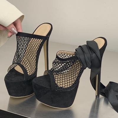 Fashion Summer Mesh Detachable Strap Sandals Slippers Women's Banquet Nightclub Platform Thin High Heels Slide Shoes