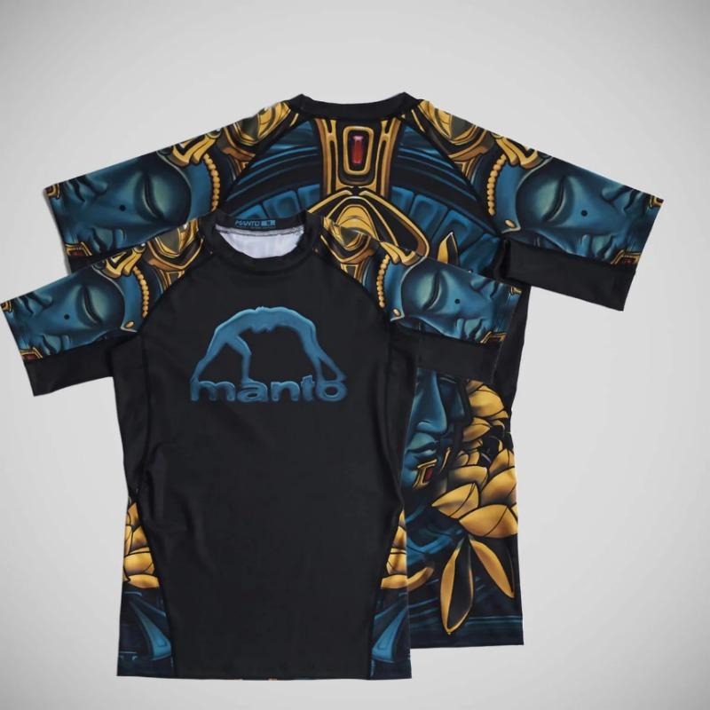 MANTO "Buddha Statue" Blue Gold Print Short Sleeve Rash Guard Black BJJ Compression Training Shirt for Men