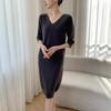 Women's Mid-length V-neck Cashmere Sweater Dress - Slim Fit, Medium Sleeves