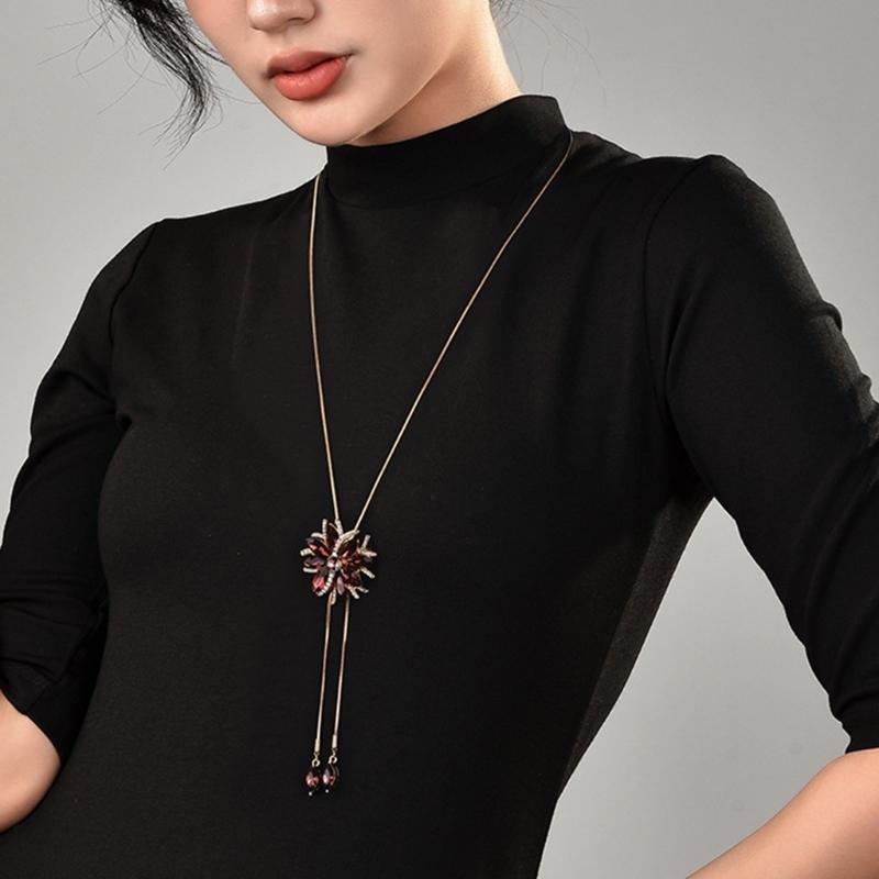 A52E Elegant Long Sweater Necklace with Beautiful Crystal Flower and Tassels CN