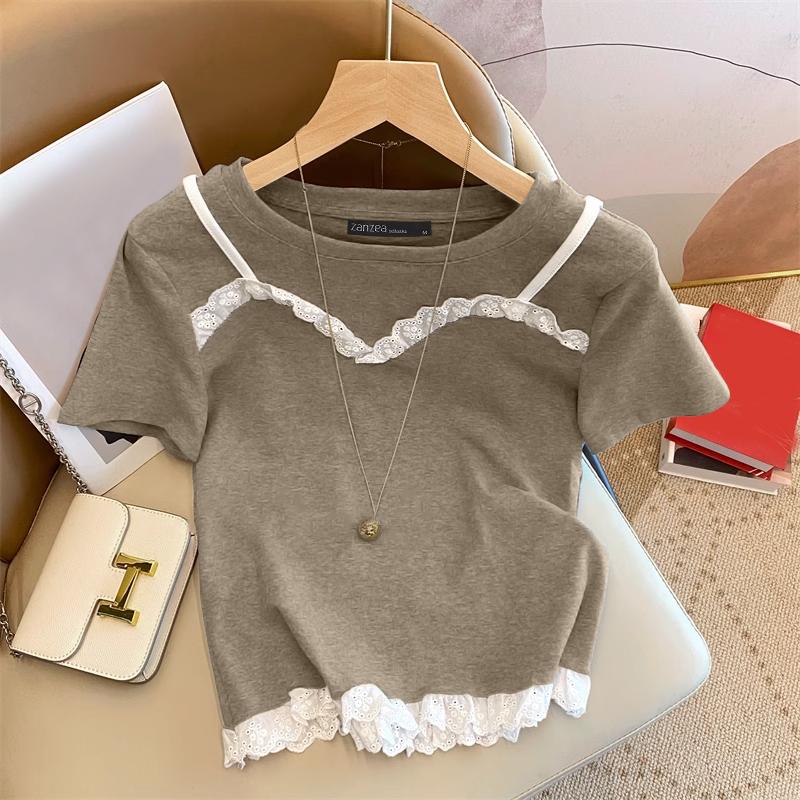 

ZANZEA Женские повседневные футболки с кружевной вставкой, круглым вырезом и короткими рукавами 5XL хаки