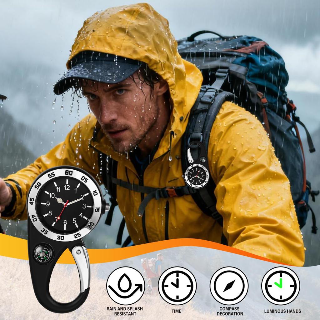 Karabineruhr mit leuchtendem analogem Taschenuhr-Zifferblatt, Krankenschwester-Outdoor-Zubehöruhr, Clip-on-Schlüsselanhänger, wasserdicht, Anzeige, Kompass, Uhr, Uhr, Schwarz,