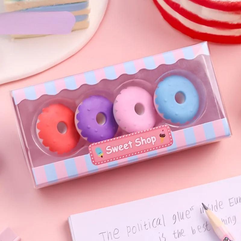 4pcs Yummy Icecream Erasers Set Mini Lollipop Dessert Popsicle Donuts Rubber Pencil Eraser for Kids Gift School Student Award