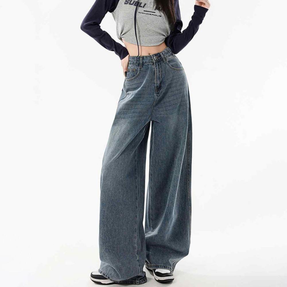 High Street Fashion Wide Leg Jeans Women's Spring and Autumn New High Waist Skinny Loose Straight Floor Mopping Jeans