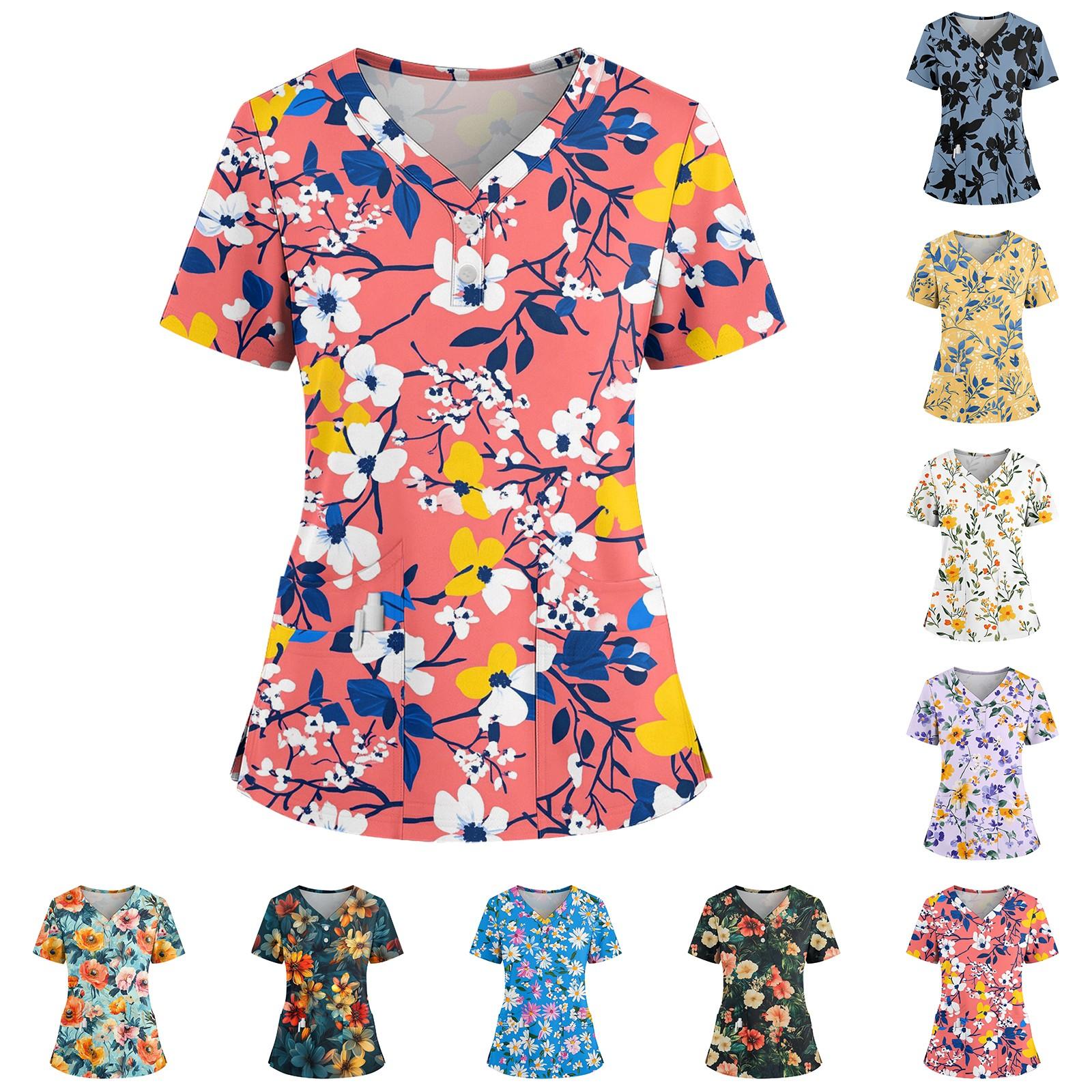 

Women s Loose Short Sleeved Fashionable Flowers And Plants Printing V-neck Buttonable Side Slit Top T-shirt S жовтий