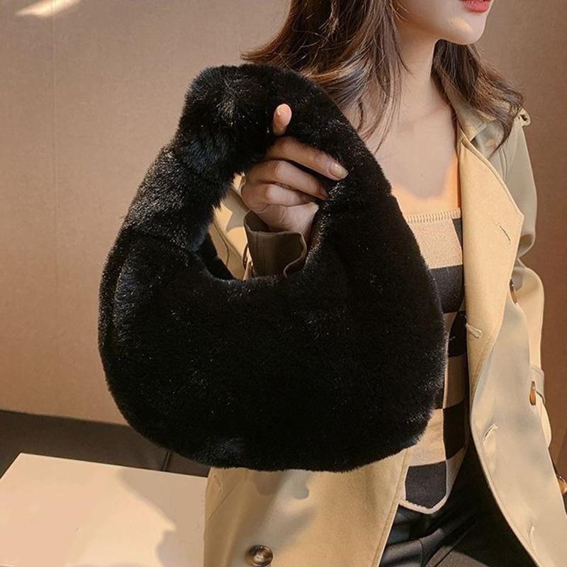 Yogodlns Fur Women's Small Half Moon Bag Luxury Warm Plush Wrist Bags for Women Fashion Furry Short Handle Clutch Cute Ladies Coin Purses