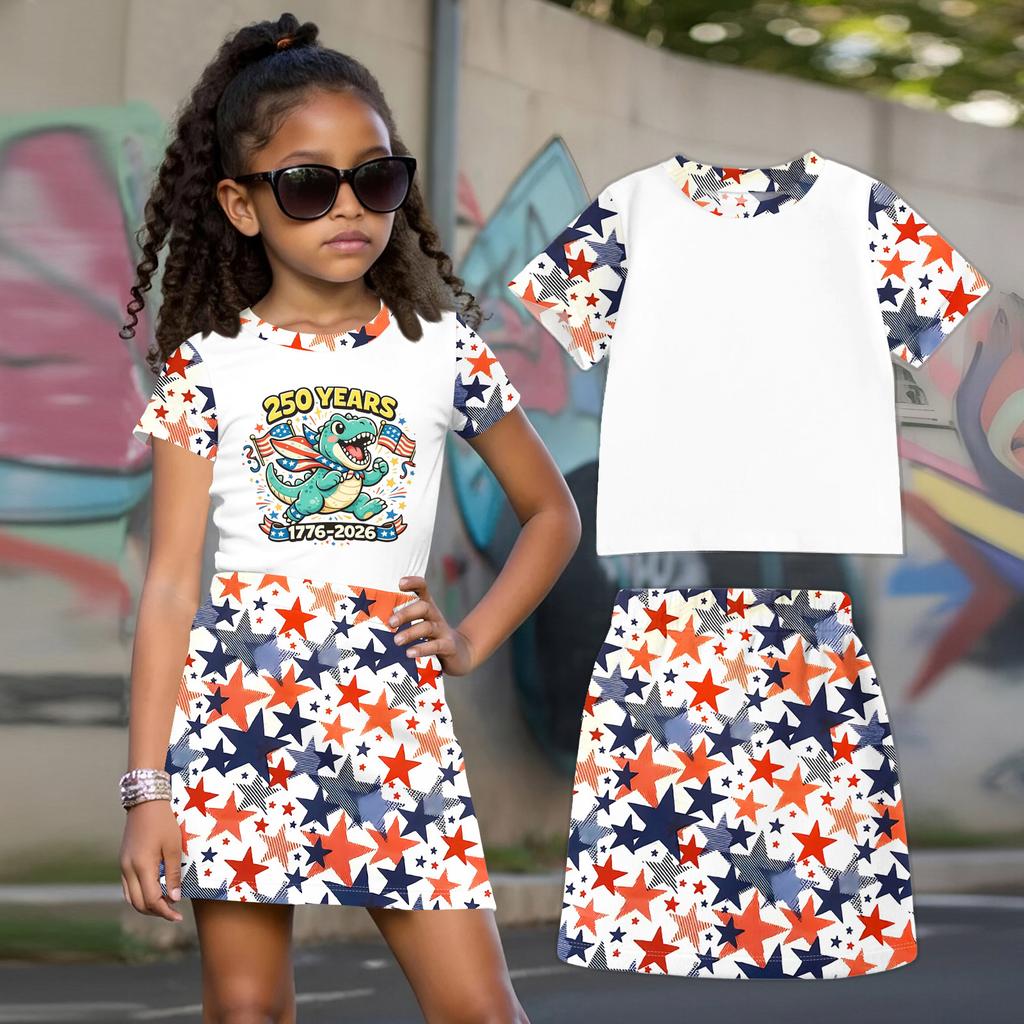 Girls Casual Two Piece Set Short Sleeve Crew Neck Top with Star Pattern Skirt Lightweight Summer Outfit for Kids