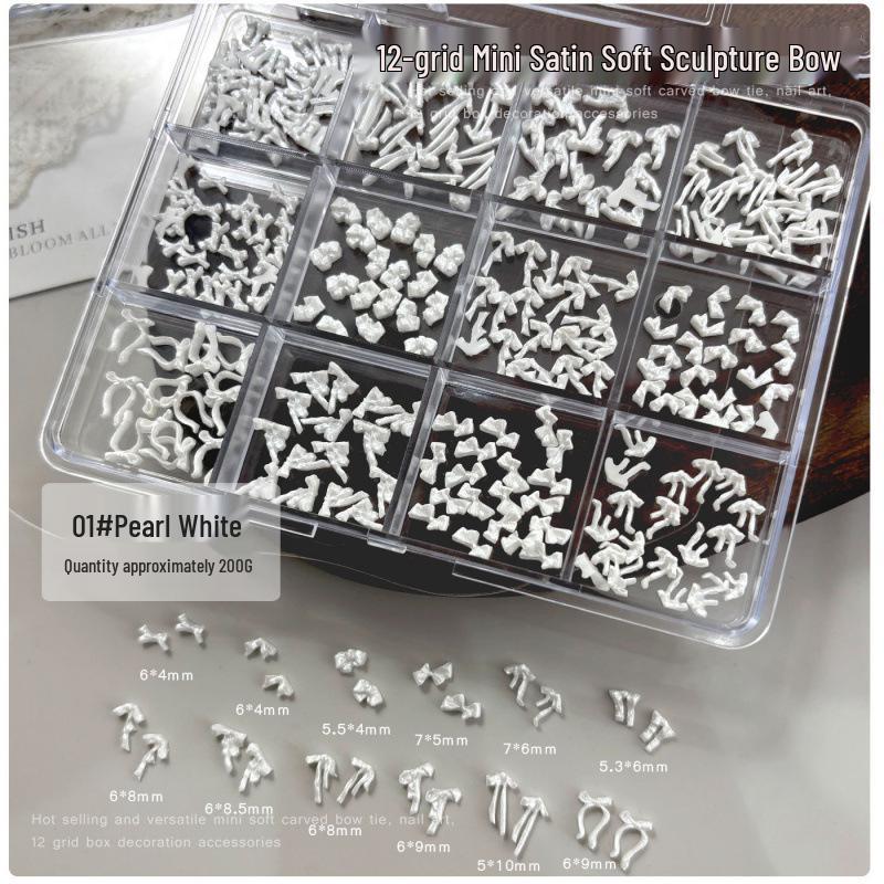 Mini Bow Nail Art Set: 12 Grids of French Pearlescent White Soft Sculpted Bowtie Rhinestones