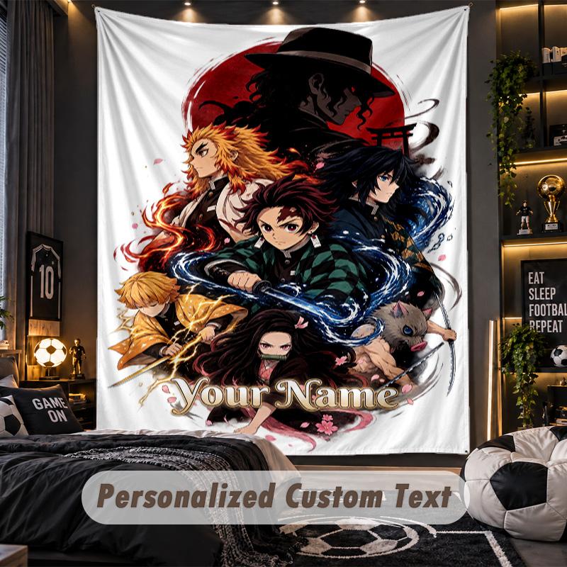 Personalized Wall Tapestry,Demon Slayer Custom Printed Name, Fabric Wall Art For Indoor Room Backdrop