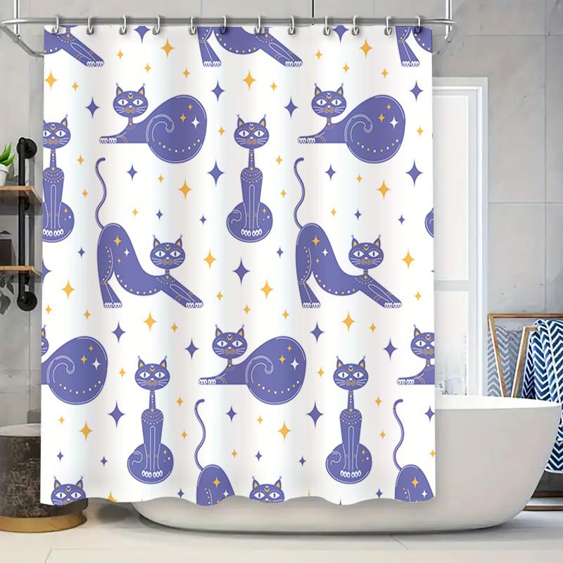 

Whimsical Blue Cat Shower Curtain For Bathroom Decor Starry Sky Design, Non-Slip Material, Waterproof Fabric With 12 Hooks (Whit W60H190(CM)-1 Pcs
