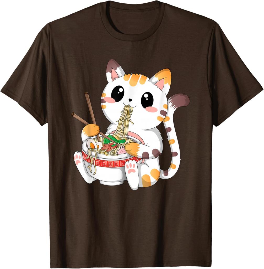 Cute Ramen Eating Kawaii Cat Graphic Tee Anime Neko Lovers Casual Cotton T-Shirt