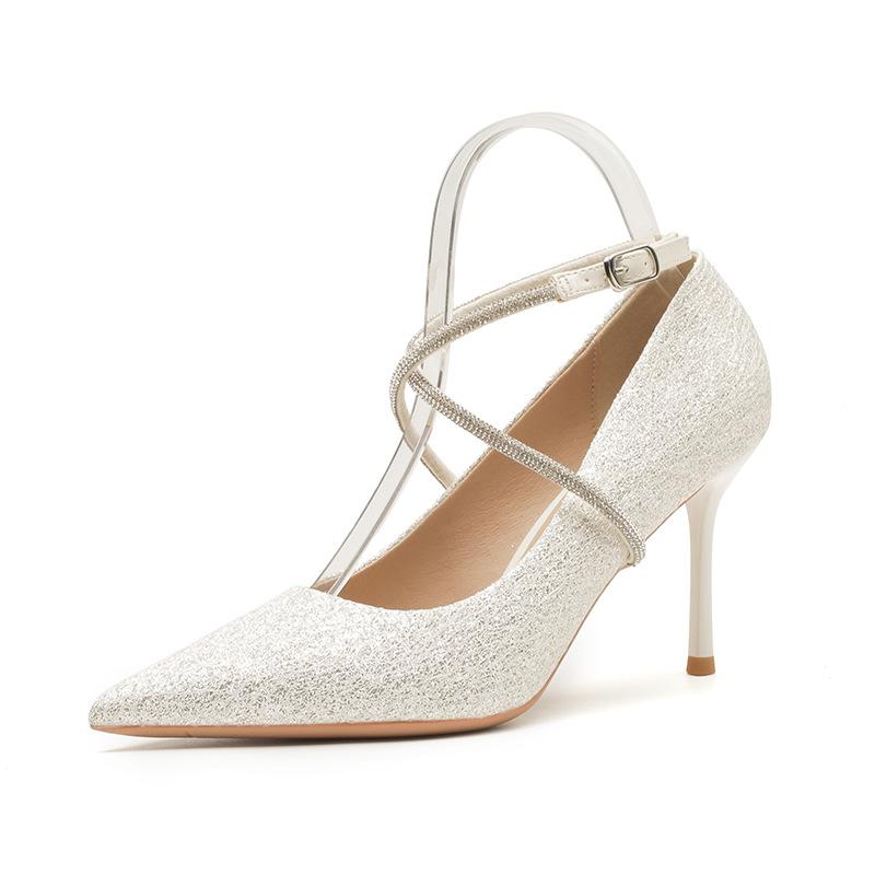 8838 [sheepskin] High-heeled Wedding Shoes Women's Thin Heels 2025 Autumn New Pointed Sequined Rhinestone One-word Strap Shoes