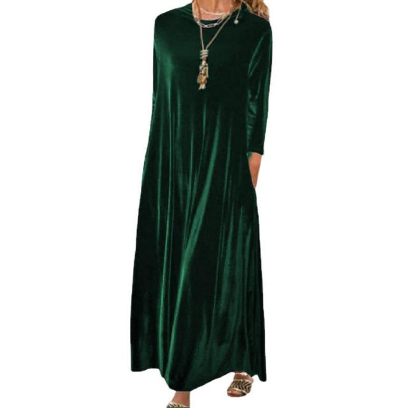 Women Casual Solid Velvet Round Neck Long Sleeve Loose Long A Line Dress