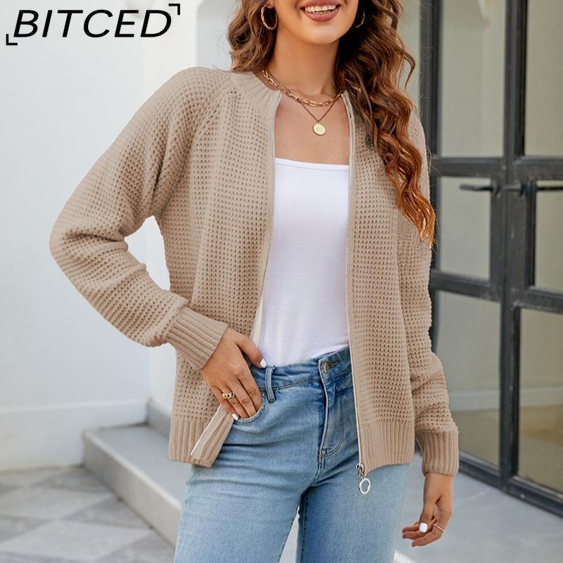 BITCED Autumn/Winter Women's Solid Colour Zip-Up O-Neck Knitted Cardigan