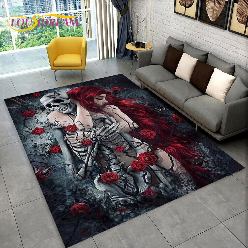 Teppich mit 3D-Motiv, Gothic-Horror, weiblicher Totenkopf, totes Mädchen, Teppich für Zuhause, Wohnzimmer, Schlafzimmer, Sofa, Fußmatte, Dekor, rutschfeste Bodenmatte
