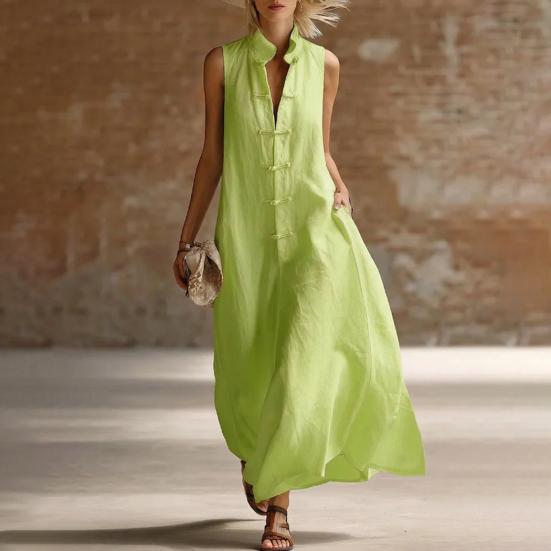 Damen Sommer Ärmellos Knopfleiste Tankkleid Stehkragen Lässig Baumwolle Leinen Langes Kleid Locker A-Linie Fließendes Strand Sommerkleid