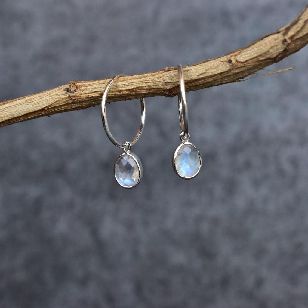 Natural flashy moonstone earrings Rainbow moonstone handmade earrings for women Sterling silver hoop earrings June birthstone jewelry