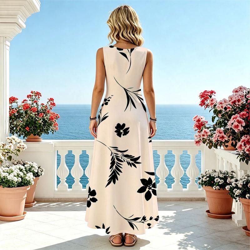 Minimalist Floral Maxi Dress Sleeveless,Flowy Hem,Soft & Breathable,Ideal for Beach Vacation,Daily Casual,Spring Fall Layering