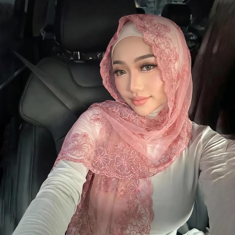 Lace Embroidery Muslim Hijab Women Chiffon Scarf Sheer Floral Headscarf Islamic Head Wrap Bandana Daily Prayer Head Accessory