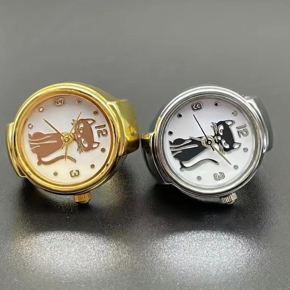 Round Finger Ring Watch Gold Cat Dial Clock Punk Quartz Watch  Clothes Accessories