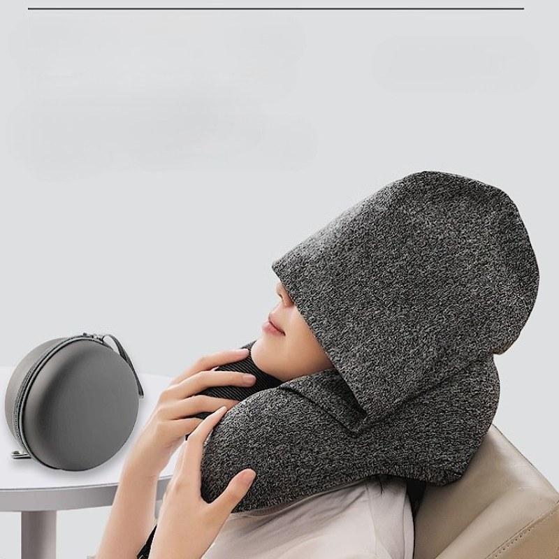 Memory foam-supported foldable travel neck pillow with stress-relieving U-shaped super soft contour hooded travel wrap pillow