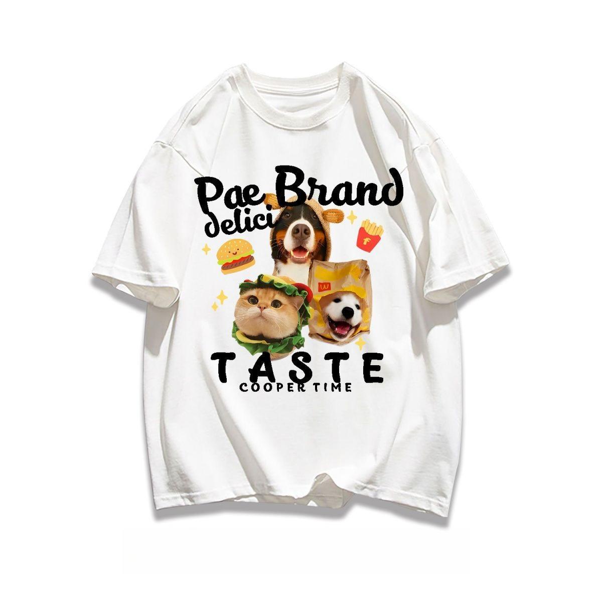 2026 New Fashion High Street Burger Cat and Dog Graphic Print Cotton Short Sleeve Unisex Casual Athletic Short Sleeve TShirt S