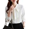 JLBOCMGT Chiffon Long Sleeve Blouse with Ribbon and Bow Open Solid Loose Plus Office Elegant Korean Women's Shirt, Tie, Front, Color, Fit, Slimming,