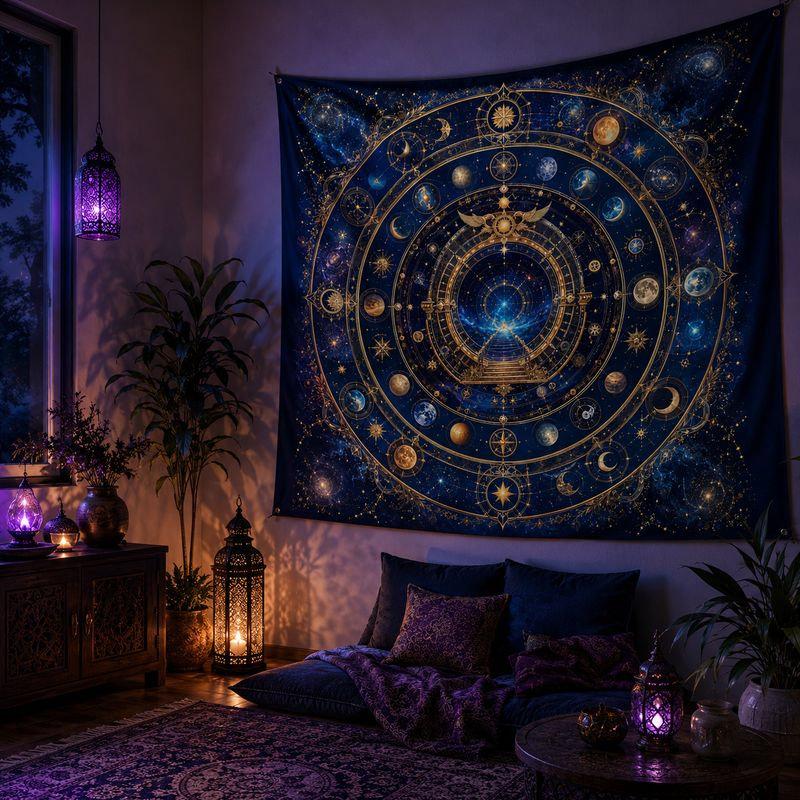 Moon Phases and Star Tapestry Wall Hanging Dark Navy Celestial Silver Mystic Lunar Aesthetic Wall Art Bedroom Dorm Decor