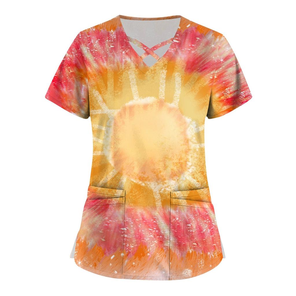 Women's Printed Work Clothes With V Neck And Double Layer Pocket Basic Tops Pullover