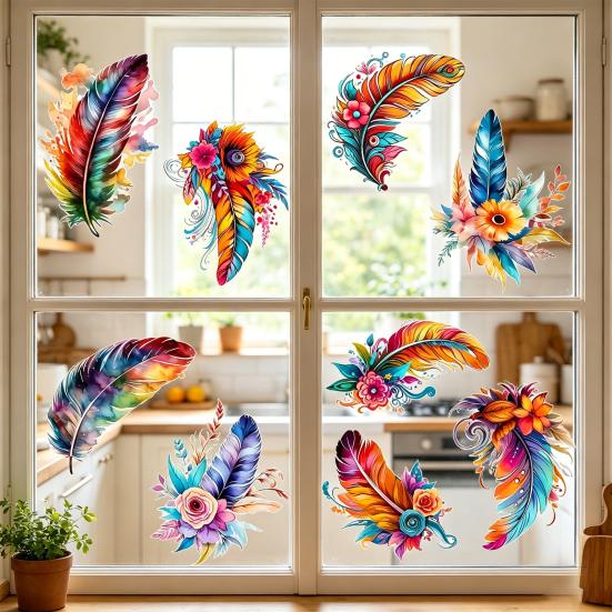 Watercolor Feather Flower Pattern Window Sticker, Transparent Electrostatic Adhesion Glass Decal, Waterproof Scratch-Resistant Decorative Film
