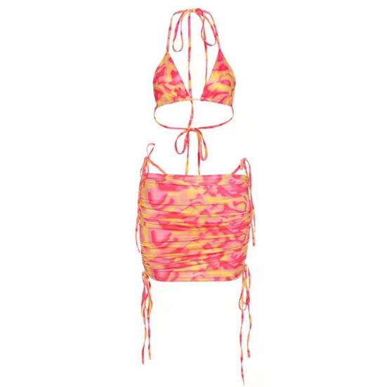 

1 комплект женщин бикини на шнуровке анти-пиллинг прозрачная печать провод бесплатный купальный костюм для отдыха M оранжевый