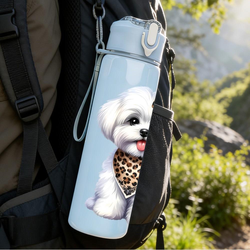 1PC White Poodle Dog Bandana Art 750ml Color Plastic Sports Water Bottle Leakproof Flip Straw Lid Suitable for Sports Office Home Use