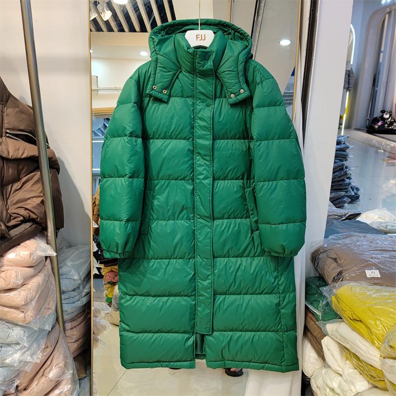 Winter New Down Jacket Women's Over-Knee Medium and Long Hooded Thickened Straight Loose White Duck Down Jacket Tide