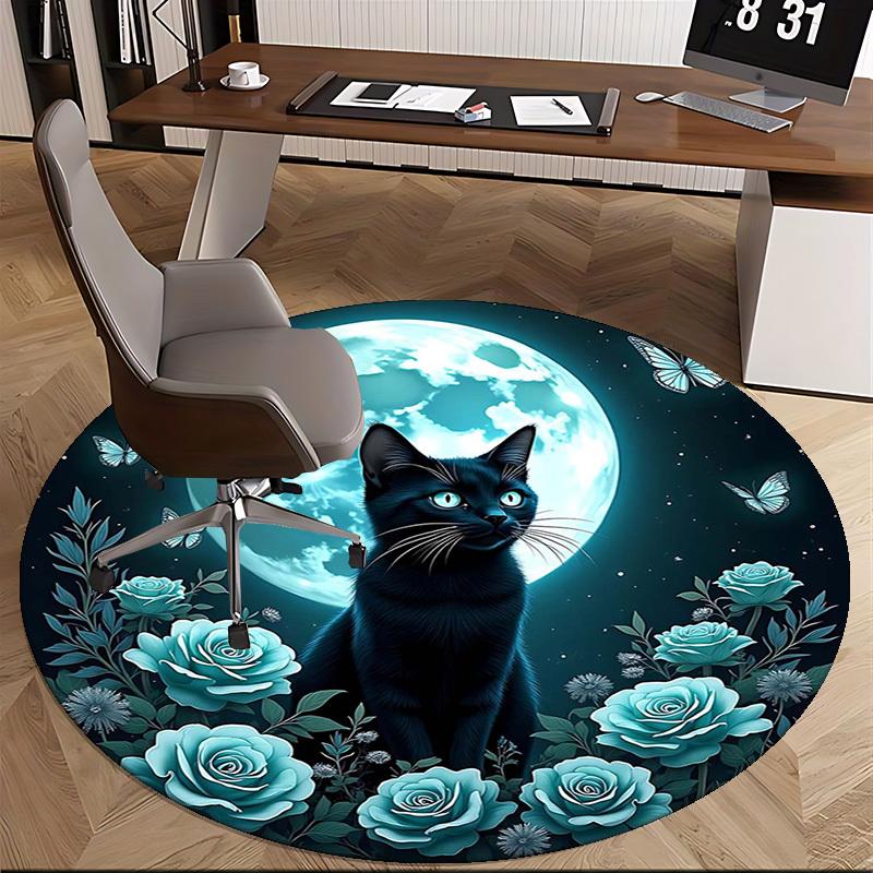 1pc Anime Design Round Carpet Blue Rose & Butterfly Moon Office Chair Mat, Non Slip Rug for Home Decor, All Seasons