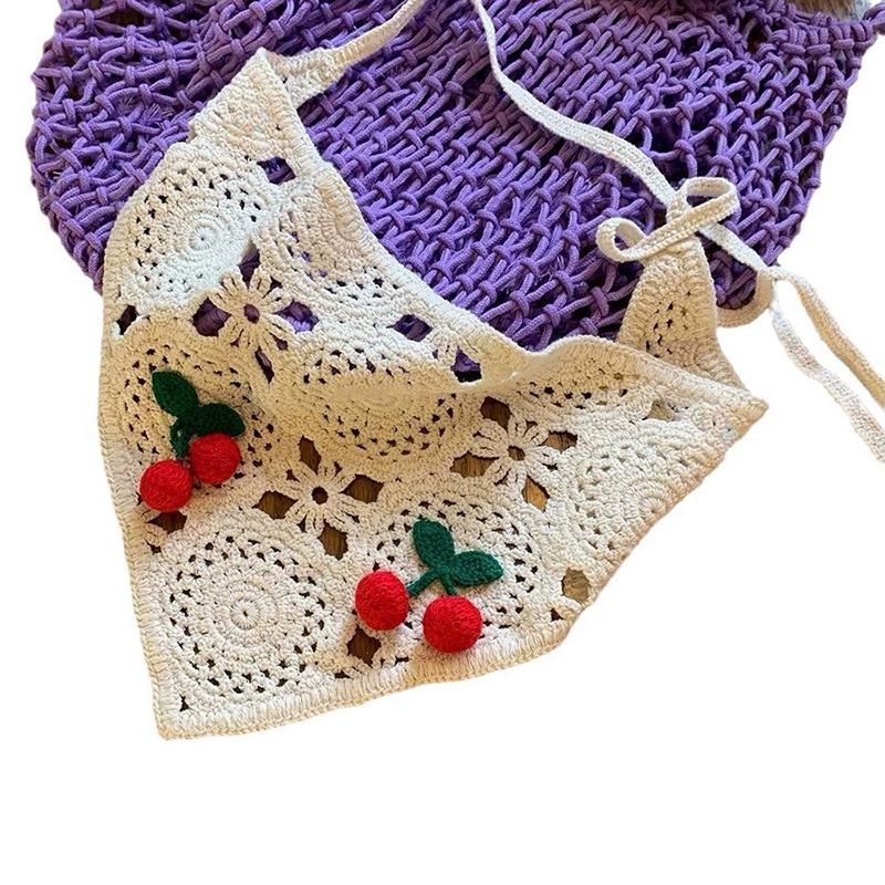 Knitted Triangle Headband Cute Little Cherry French Pastoral Style Headband Towel Crochet Flower Headscarf Mountaineering Scarf