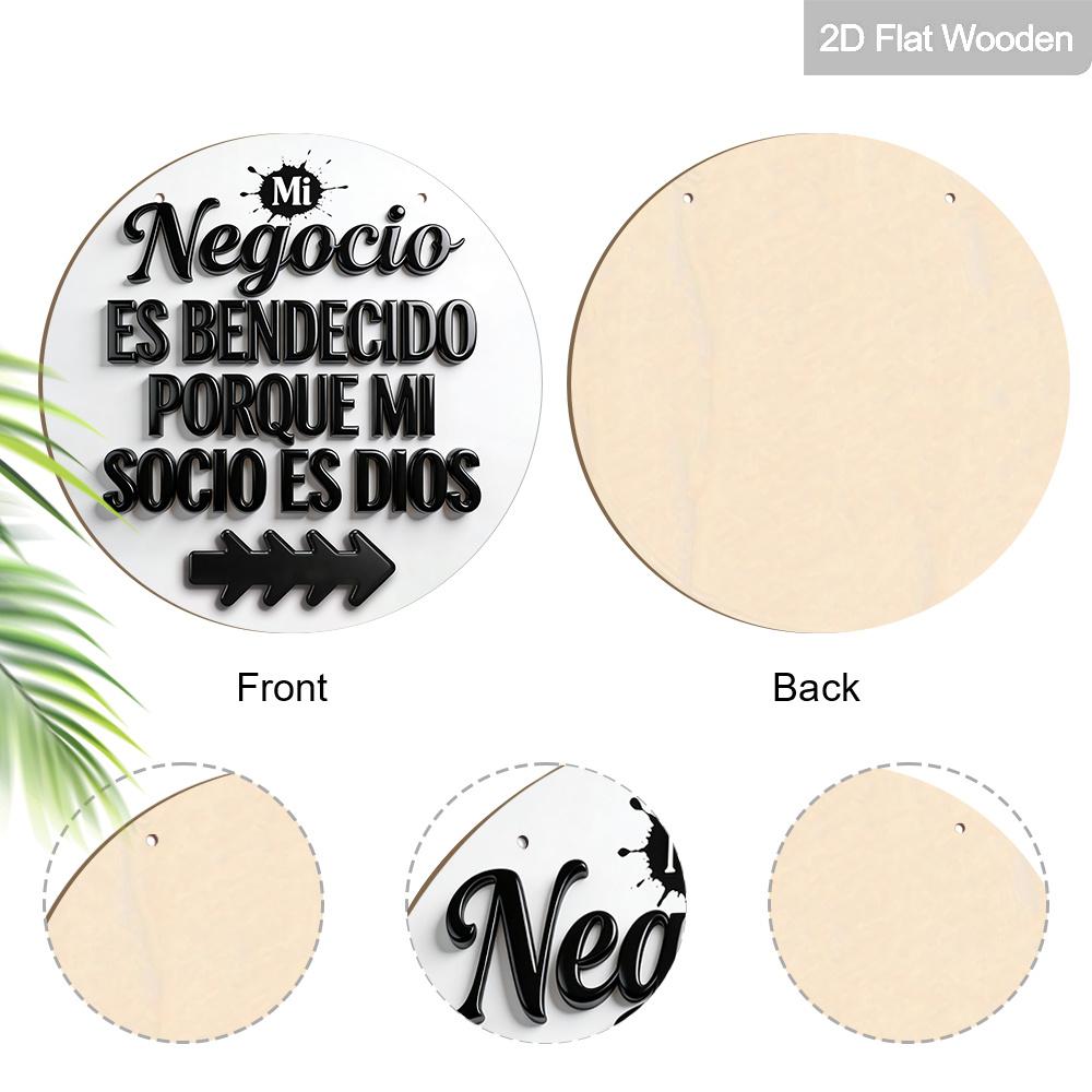 2D Flat "Mi Negocio Es Bendecido Porque Mi Socio Es Dios" 2D Flat Round Wooden Hanging Sign, Christian Business Decor, Religious Gift for