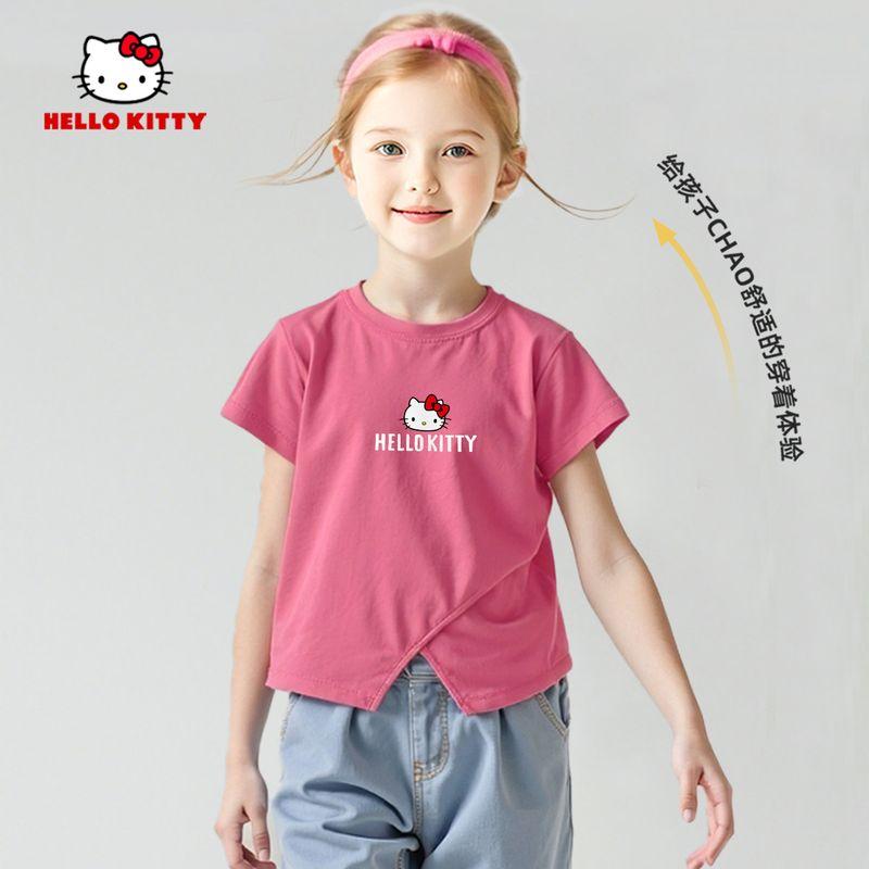 Hello Kitty Girls  Short-Sleeved T-Shirt Summer Rose Red Kidsren s Half-Sleeved Top Kidsren s Clothing Bottoming Shirt Girls Summer Clothing [Split Design] Ti Tongxing_Medium Rose Red 120