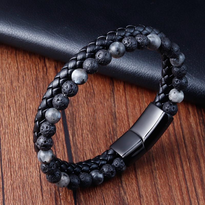 Charm Rope Nerez Magnetický Přírodní Kámen Kožený Muž Náramek Korálkový Náramek Sopečný kámen Náramky Náramky Řetízek Dárek