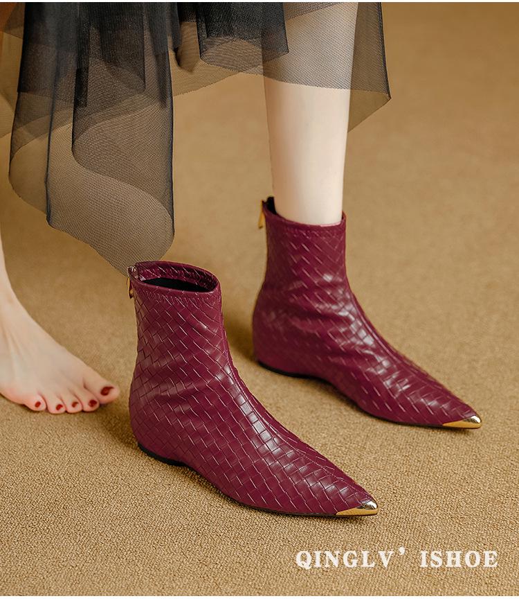 Women's Retro Pointed Toe Ankle Boots - Woven, Slimming Design & Inner Lift for 2025 Autumn/Winter Collection.