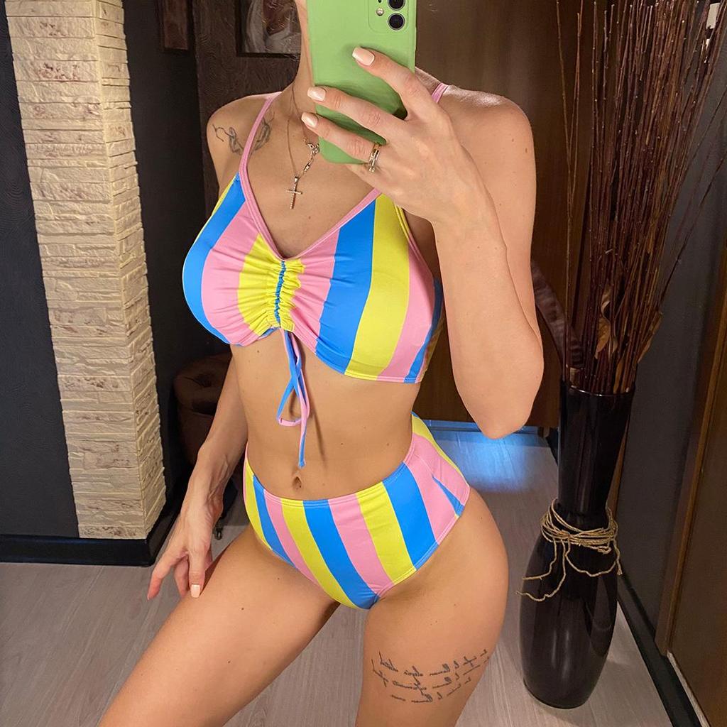 Kolorowe paski zasznurować damski strój kąpielowy bikini z wysokim stanem damskie stroje kąpielowe dwuczęściowy zestaw bikini kąpiący strój kąpielowy pływać