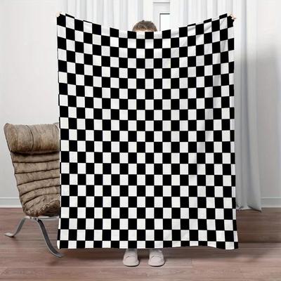 Black and White Plaid Modern Style Flannel Blanket, 100% Polyester - Ideal for Sofa, Napping, Air Conditioning, Bedding, Car Use