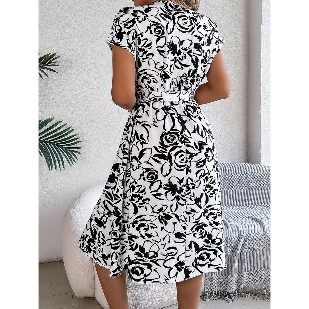 QICED Spring Summer Casual V-neck Button Bat Sleeve Flower-patterned Dress for Women