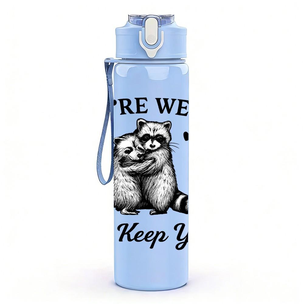 1PC Letter Print Raccoon Art 750ml Color Plastic Sports Water Bottle Leakproof Flip Straw Lid Suitable for Sports Office Home Use