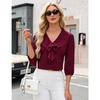 Womens Ruffled V Neck Three Quarter Sleeve Polka Dot Chiffon Blouse