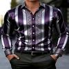 Stripe Satin Men Shirt Geometric Jacquard Slim Long Sleeve Formal Business Dress Top