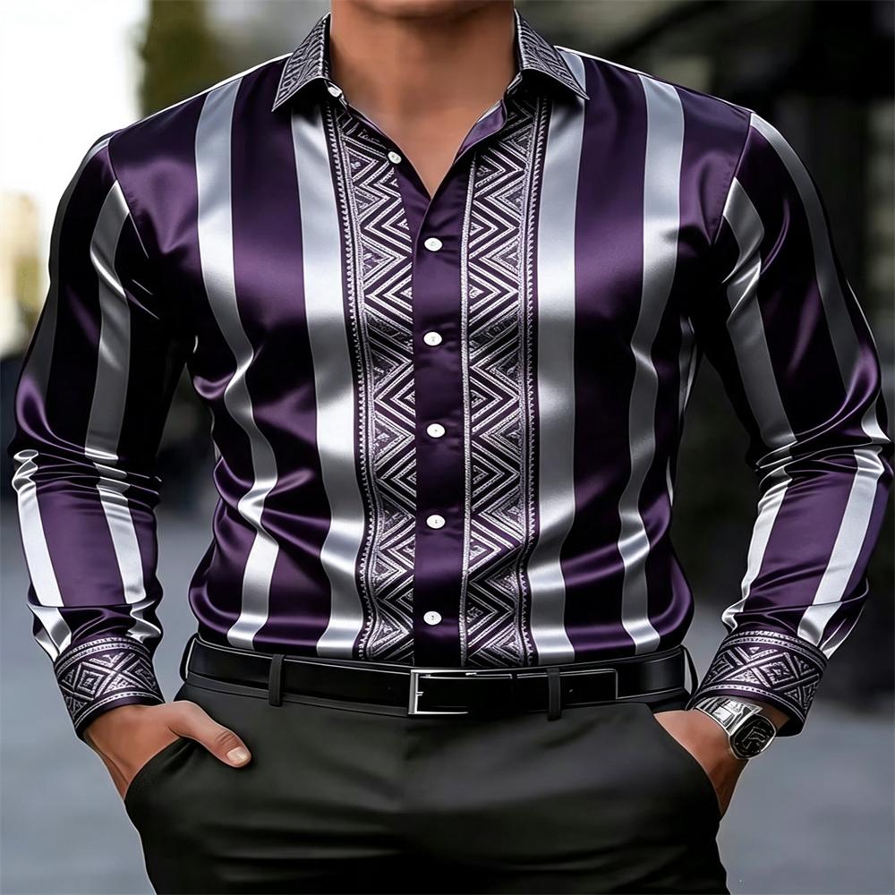 Stripe Satin Men Shirt Geometric Jacquard Slim Long Sleeve Formal Business Dress Top