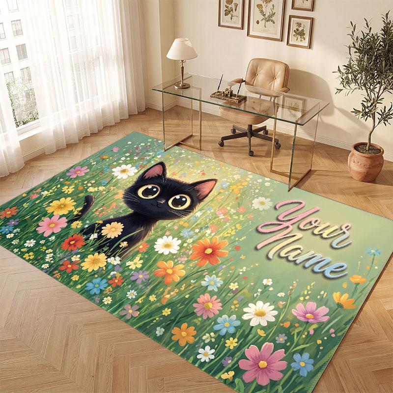 Cat Theme Crystal Velvet Floor Rug Personalized Custom Name Text Warm Carpet Home Decoration